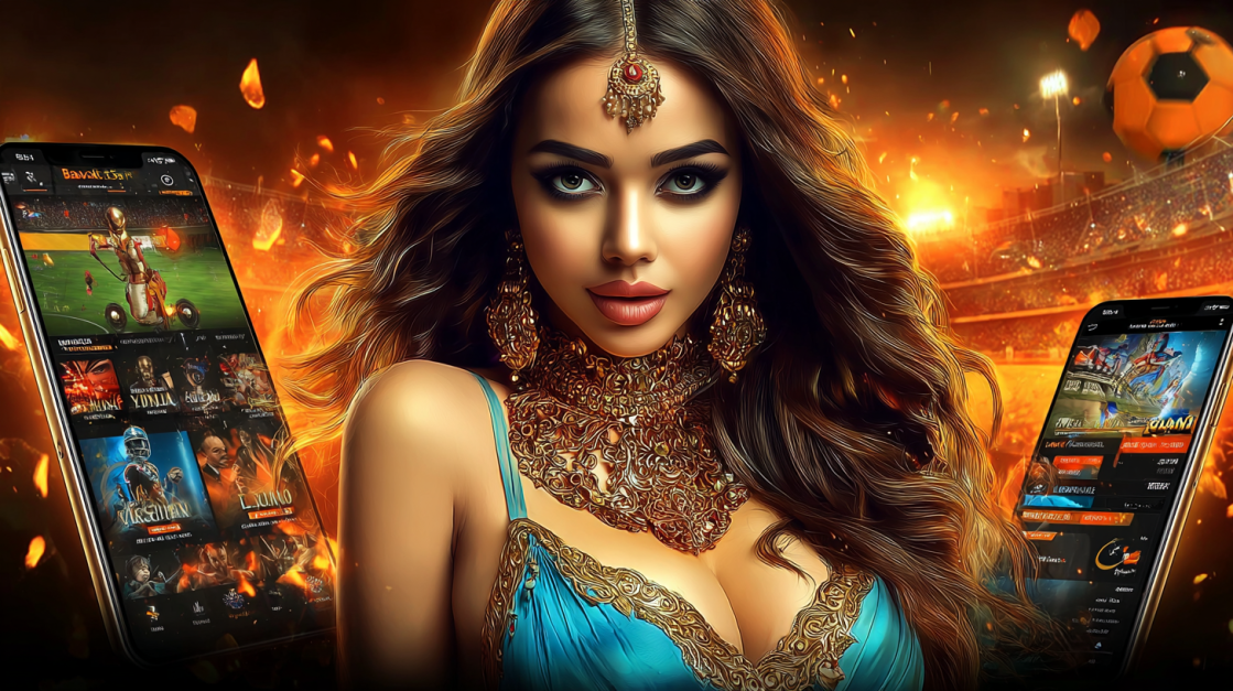 Glamorous Indian woman in blue dress and gold jewelry standing in front of flaming football stadium, flanked by betting apps on smartphones.