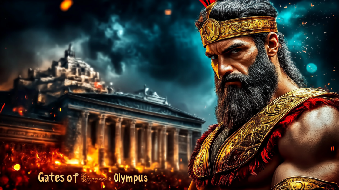 Intense Greek god with gold crown and armor standing before a fiery temple on Olympus under a stormy sky.